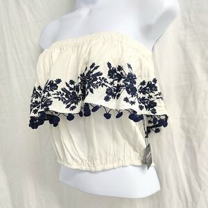 Poof Off Shoulder Ruffled Embroidered Pom Pom Embellished Bodice Crop Top NWT